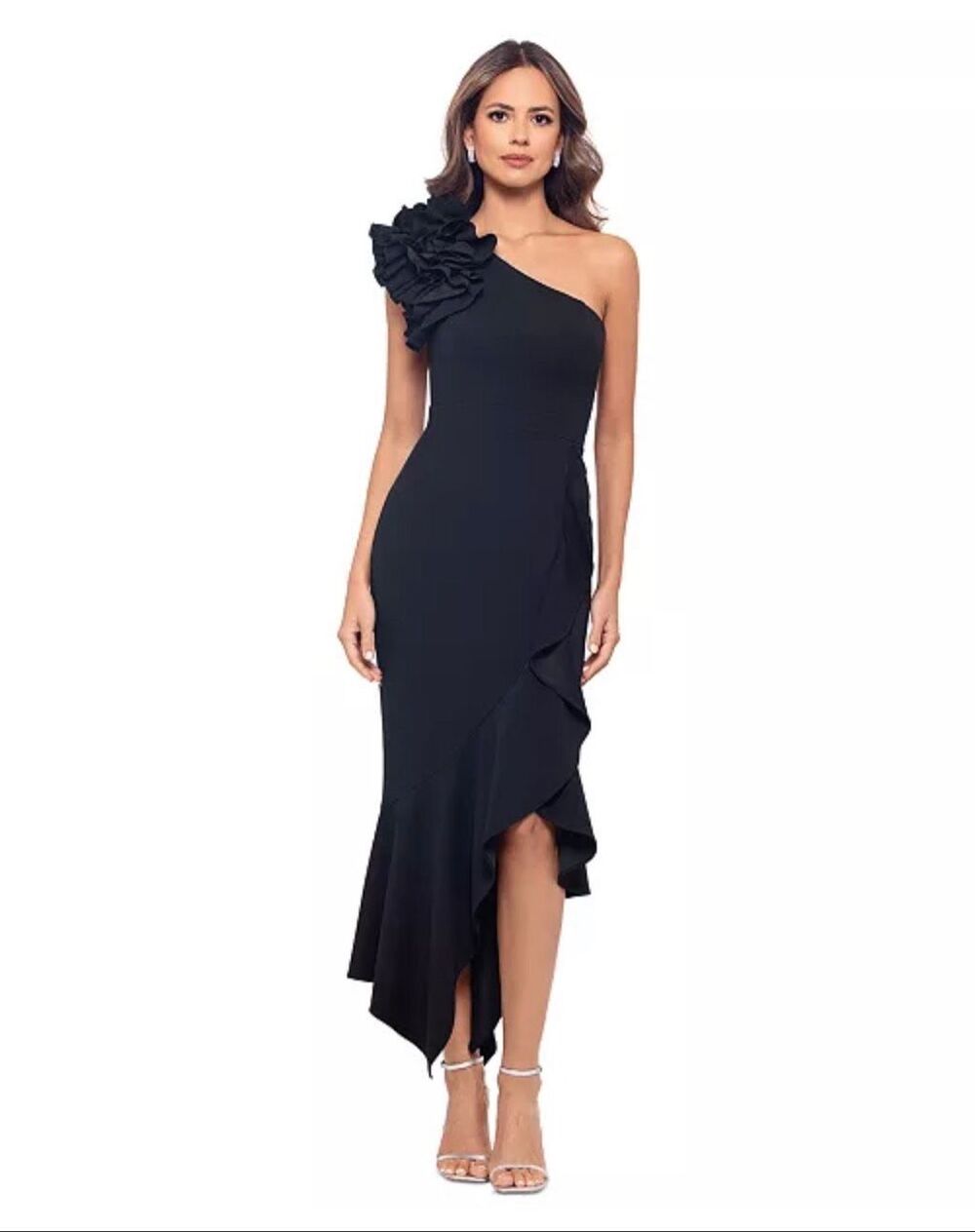 XSCAPE Ruffled One-Shoulder Flouncy Asymmetric Midi Dress Black 14